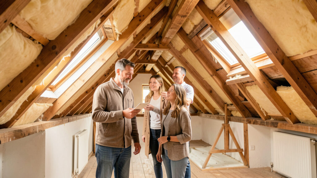 Un homme et une femme visitent les combles lumineux d'une maison ancienne avec un professionnel du bâtiment.