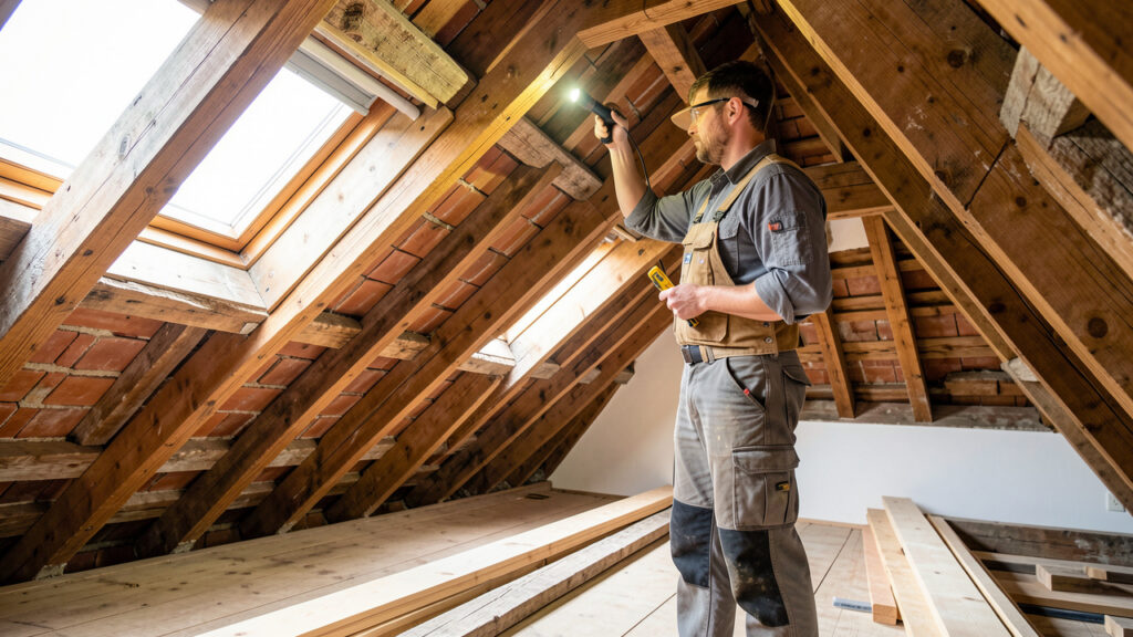 Combles anciens lumineux avec charpente apparente, inspectés par un professionnel dans une ambiance réaliste.