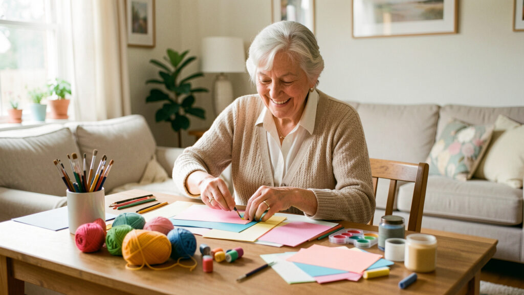 Femme âgée souriante préparant une activité créative sur une table dans un salon lumineux et chaleureux.
