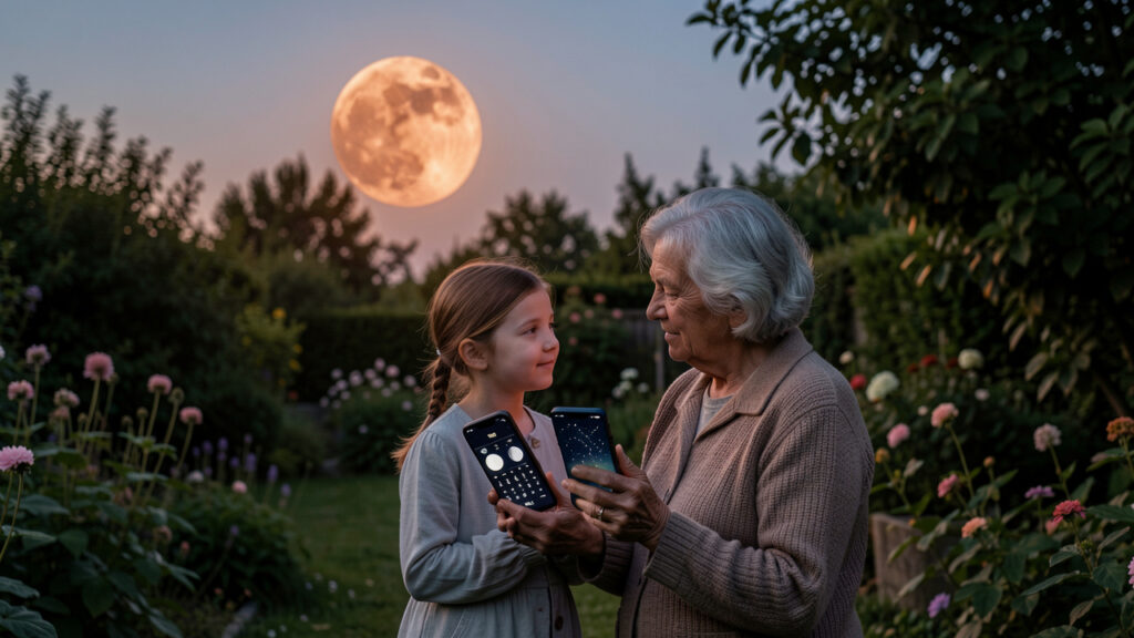 Une grand-mère et sa petite-fille observent une Lune cuivrée dans un jardin au crépuscule, avec un smartphone présentant des symboles visuels liés à l’astronomie.