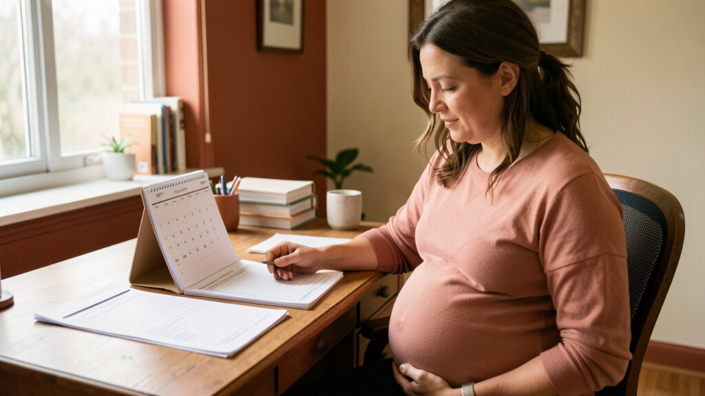 Une agente publique enceinte consulte un calendrier familial et des documents administratifs vierges à son bureau, dans une atmosphère chaleureuse et réaliste.