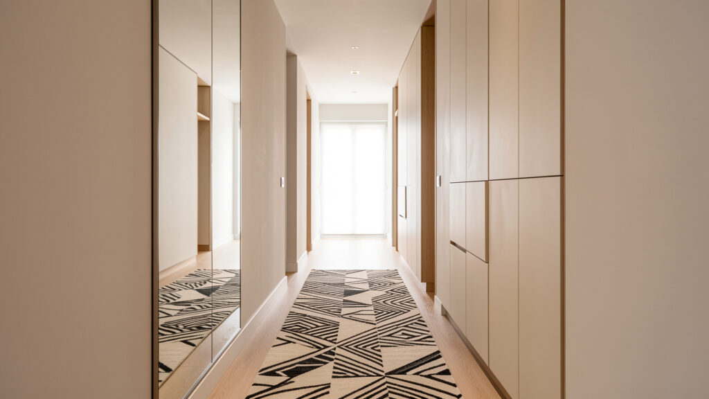 Long couloir contemporain et lumineux avec un grand miroir, un tapis graphique et des rangements muraux discrets.