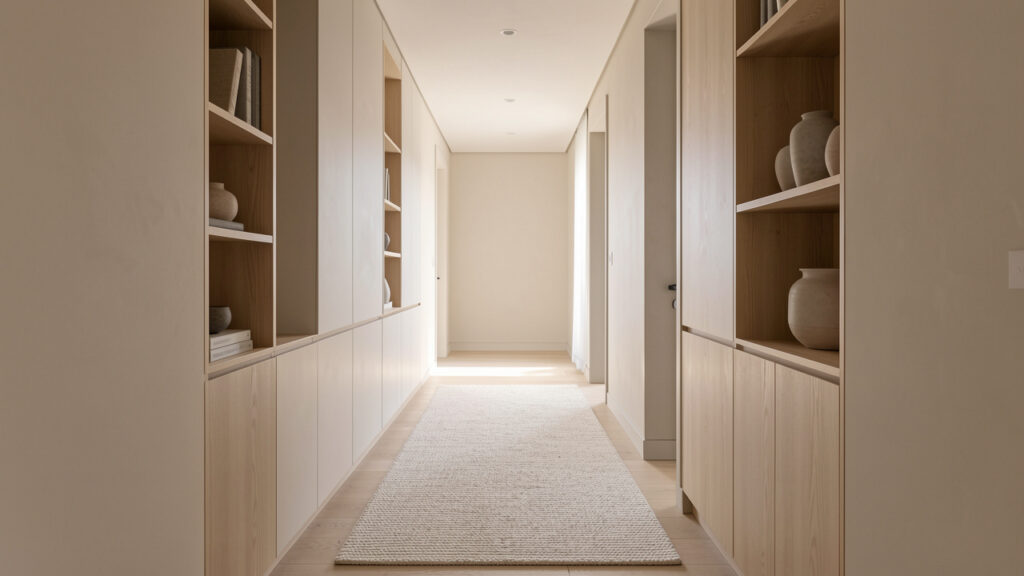 Long couloir contemporain étroit avec rangements muraux discrets, tapis clair, décoration élégante et lumière douce.