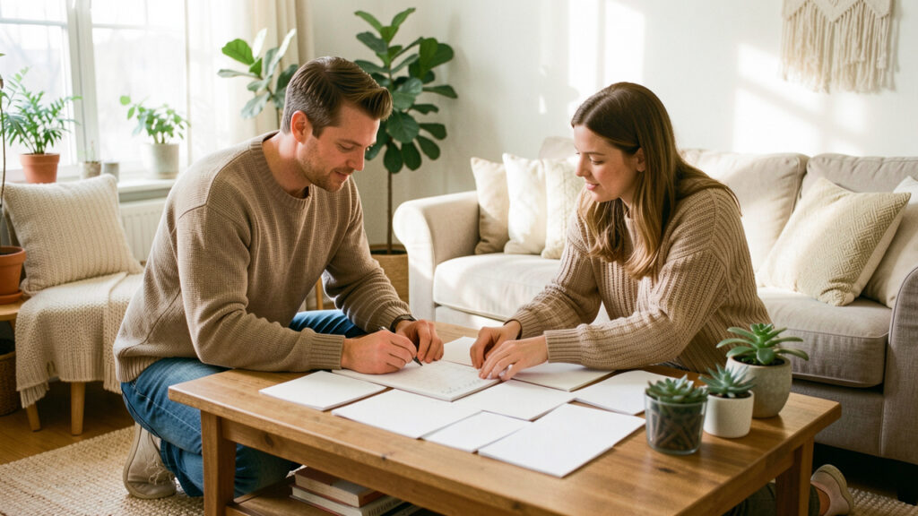 Un homme et une femme organisent calmement un calendrier familial et des documents vierges sur une table basse, dans un salon lumineux et apaisant.