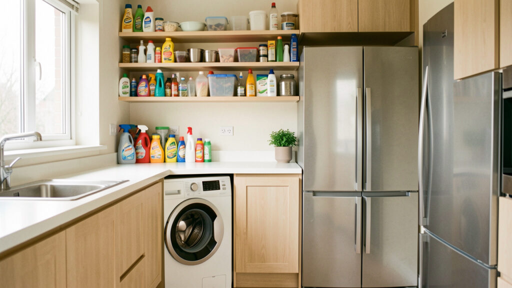 Cuisine lumineuse et réaliste avec un lave-linge, un réfrigérateur et des produits d’entretien soigneusement rangés.