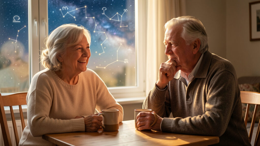 Deux seniors contemplent avec sérénité un ciel étoilé aux motifs astrologiques depuis un intérieur chaleureux.
