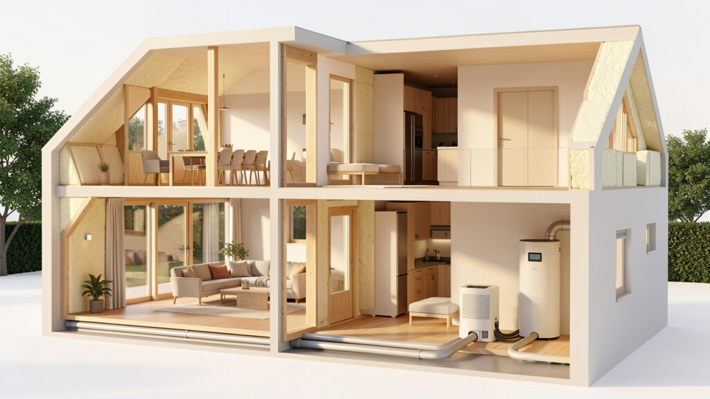Maison individuelle rénovée présentée en coupe, montrant l’isolation des murs, les fenêtres performantes et un système de chauffage moderne éclairés par la lumière naturelle.