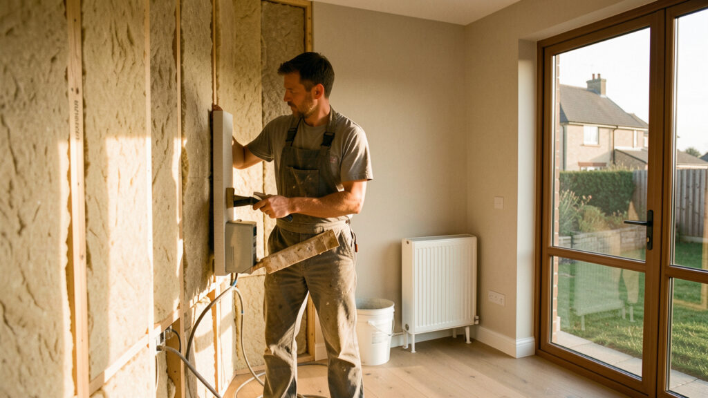Un artisan examine l’isolation d’une maison individuelle rénovée et ses équipements énergétiques dans un intérieur lumineux.