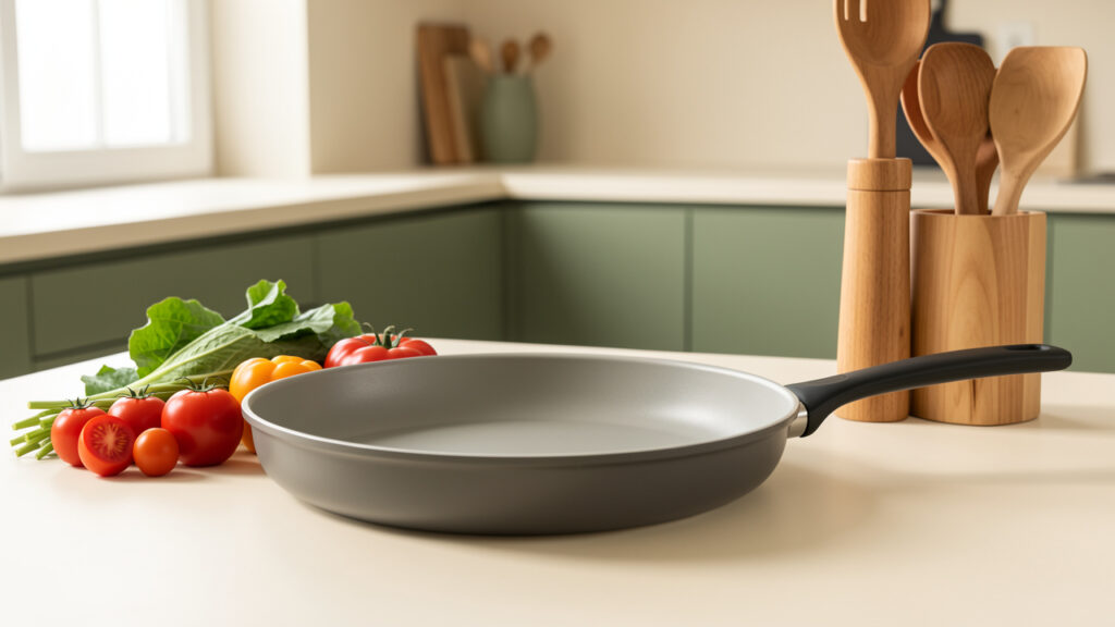 Poêle antiadhésive à revêtement céramique présentée dans une cuisine moderne avec des légumes frais et des ustensiles en bois.
