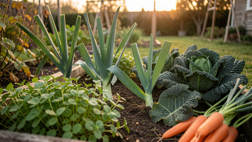 Potager familial d’automne avec mâche, poireaux, chou kale et carottes baignés dans une douce lumière de fin de journée.