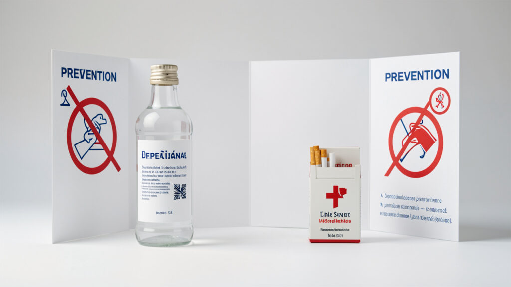 Illustration éditoriale sobre montrant une bouteille d’alcool sans marque et un paquet de cigarettes séparés par des panneaux de prévention abstraits, dans une ambiance de santé publique française.