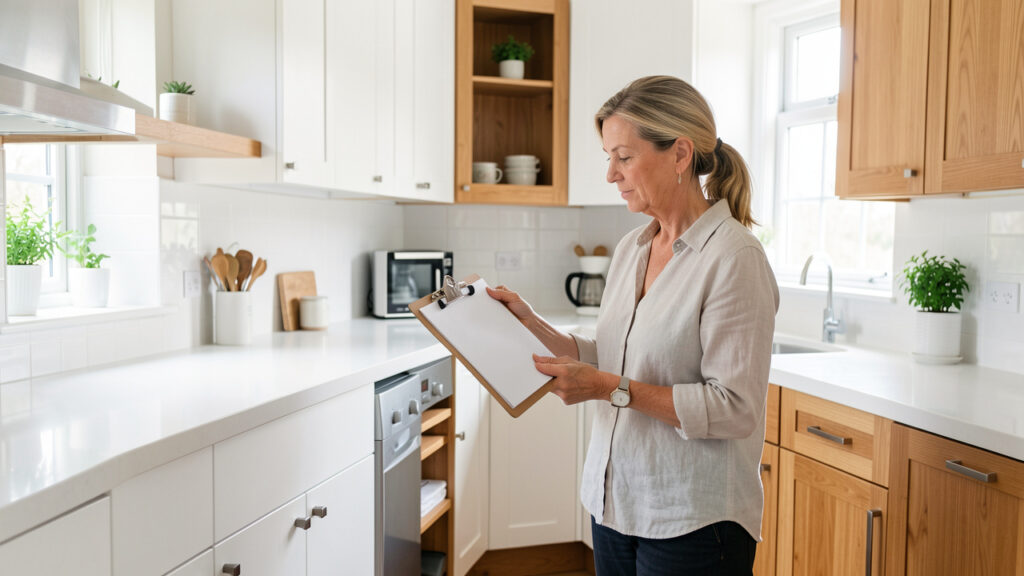 Une propriétaire inspecte une cuisine lumineuse, propre et parfaitement organisée, avec un clipboard aux pages vierges.