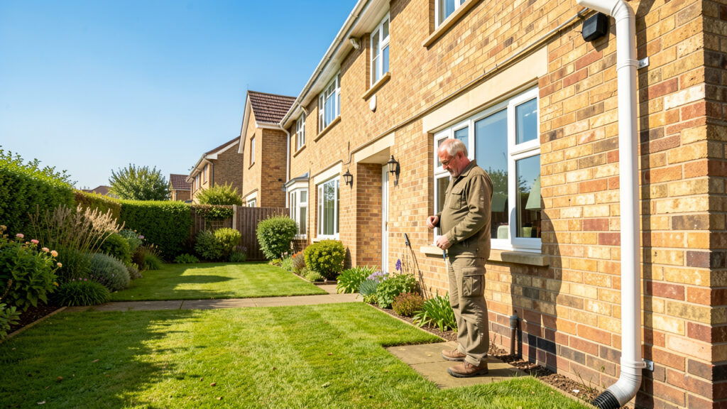 Propriétaire inspectant le jardin, la façade et les gouttières d’une maison individuelle par temps clair.