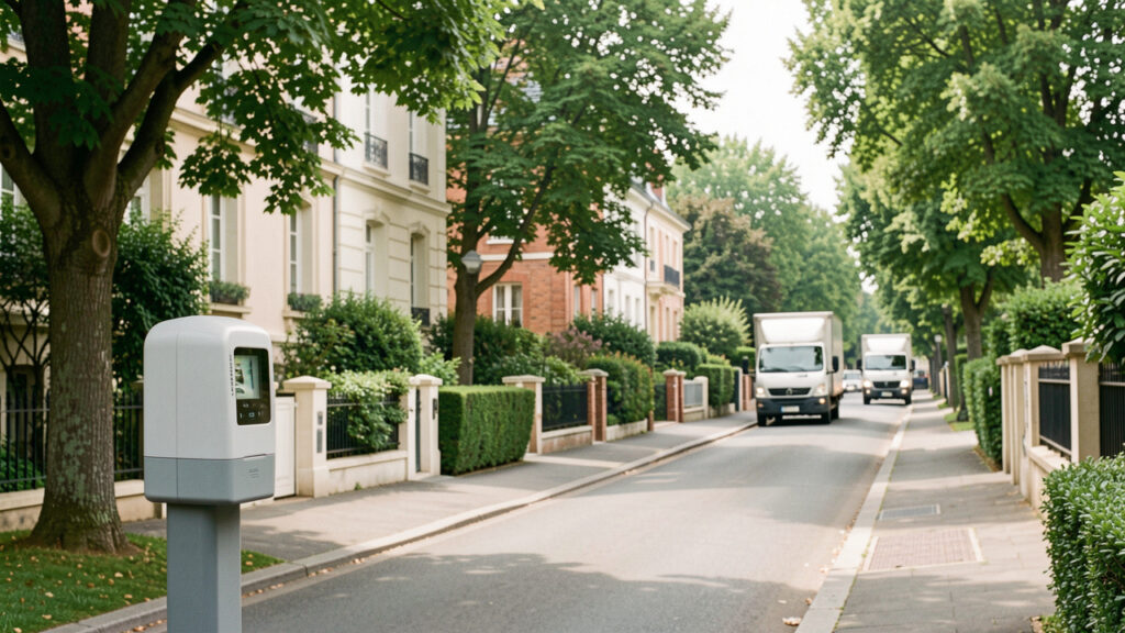 Rue résidentielle française bordée d’arbres, avec des camions de livraison au loin et un capteur discret de qualité de l’air au premier plan.