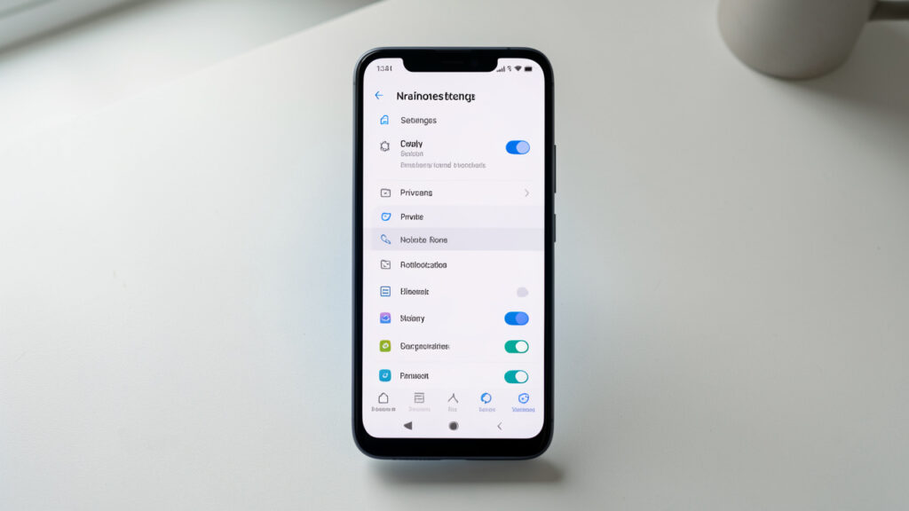 Smartphone Android posé sur un bureau minimaliste, affichant des réglages de confidentialité et de notifications dans une interface claire et sans publicité visible.