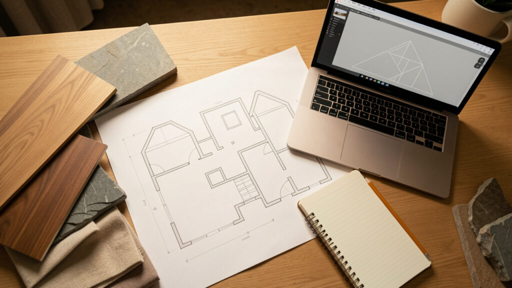 Table lumineuse présentant des plans de maison, des échantillons de bois, de pierre et de tissu, un ordinateur portable et un carnet de budget.