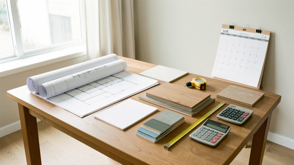 Table organisée pour une rénovation, avec plans vierges, échantillons de bois et de carrelage, nuanciers, calculatrice et calendrier sans inscriptions, dans une maison lumineuse.