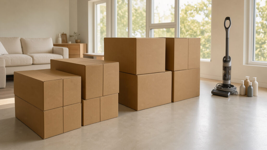 Cartons de déménagement propres empilés dans un salon lumineux, avec un aspirateur et des produits de nettoyage discrets.
