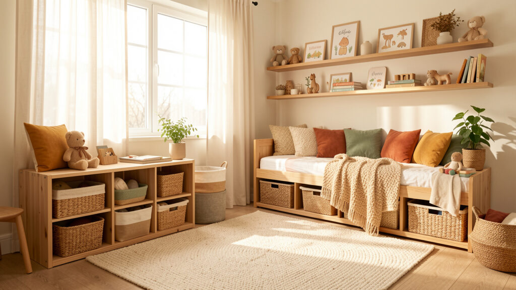 Chambre d’enfant lumineuse avec rangements bas, coin lecture, tapis doux et décoration chaleureuse.