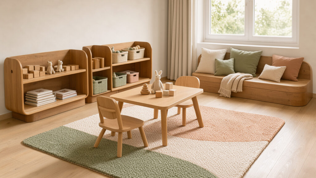 Chambre d’enfant lumineuse avec rangements en bois, coin lecture confortable et décoration douce aux tons pastel.