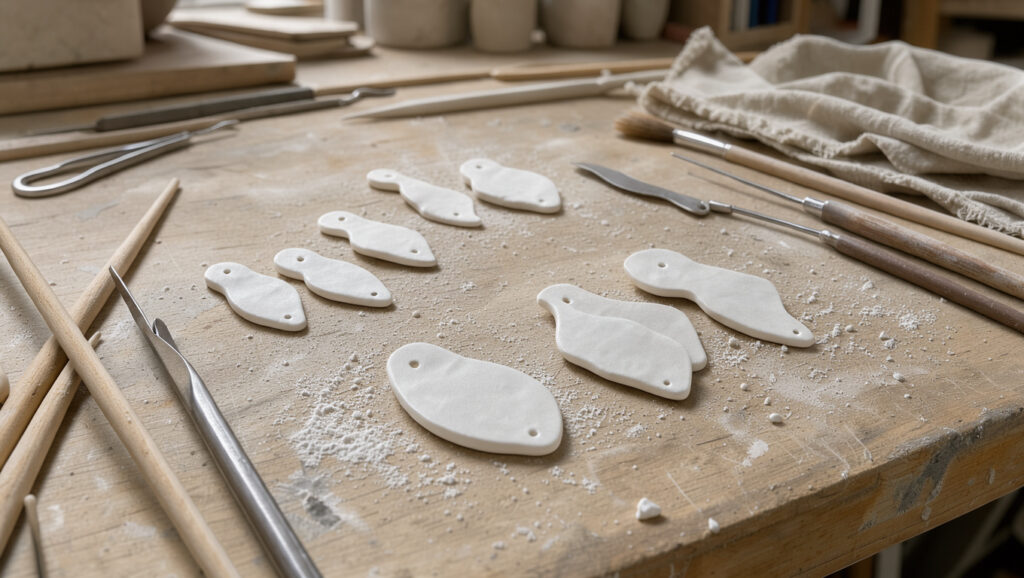 Gros plan sur un établi de céramiste présentant des pendentifs et des boucles d’oreilles en porcelaine blanche, entourés d’outils fins, dans une lumière naturelle douce.
