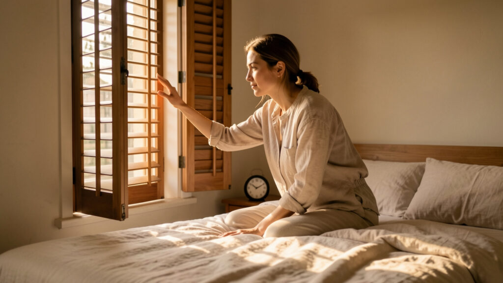 Une femme ouvre doucement les volets d’une chambre paisible au lever du jour, baignée d’une lumière matinale douce.