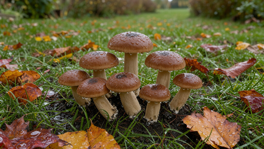 Petits champignons bruns poussant dans une pelouse verte d’un jardin familial après la pluie, entourés de feuilles d’automne.