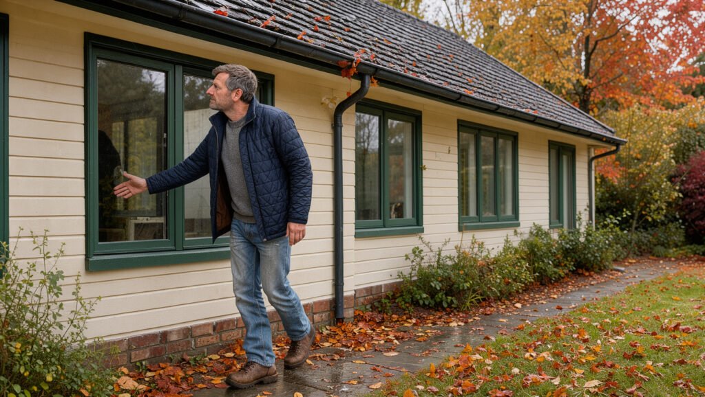 Un homme vérifie les fenêtres, les gouttières et la toiture d’une maison individuelle entourée d’un jardin feuillu en automne.