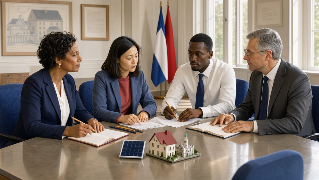 Illustration réaliste de quatre responsables publics, deux femmes et deux hommes, réunis autour d’une table dans une salle institutionnelle française, avec des objets évoquant l’école, l’énergie, le logement et le tourisme.