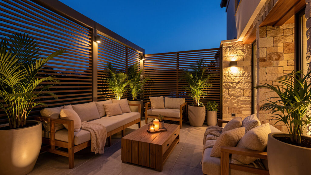 Terrasse contemporaine au crépuscule avec salon extérieur, plantes en pots, claustra en bois et éclairage chaleureux.